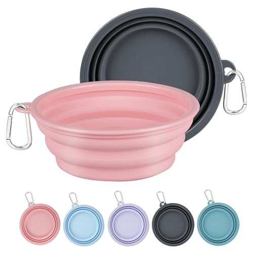 Collapsible Dog Bowls X-Large (1500ml), 2 Pack Foldable Travel Bowls, Portable Dog Water Food Bowl with Clasp, Pet Feeding Cup Dish for Traveling, Walking, Hiking (Pink+Grey) - color: Grey & Pink, size: X-Large