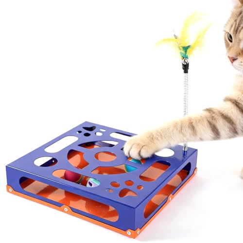 2026 New Metal Cat Scratch Puzzle Enrichment Box,cat Puzzle, 1 Spring-Loaded Colorful Feather Stick with a Bell,No Assembly Required, All Cats Indoor Play Toy - color: Klein Blue