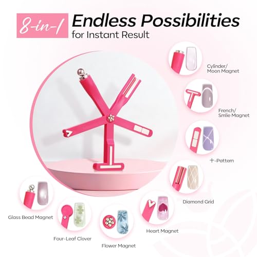 Modelones Cat Eye Gel Polish Nail Magnet, 8-in-1 Cat Eye Magnet Tool for Gel Nails Strong Magnetic Nail Art Wand with Steel Ball, Glass Bead& French Tip&Clover Cateye Multi-Effect Magnets DIY Salon - color: A A 8-in-1 Cat Eye Magnet