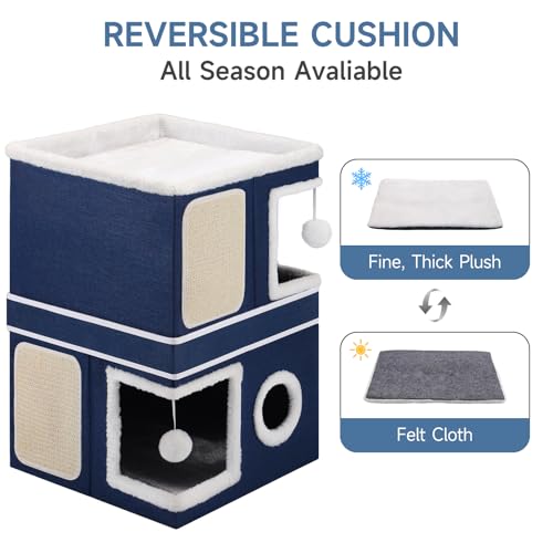 Shikha 2-Storey Cat Houses for Indoor Cats, Dual-Purpose Double Large Cat Beds Cave with Hideaway Condos, Scratch Pads, Fluffy Balls, Foldable Indoor Cat Cube House for Multi Small Pets Kitten, Blue - style: Blue