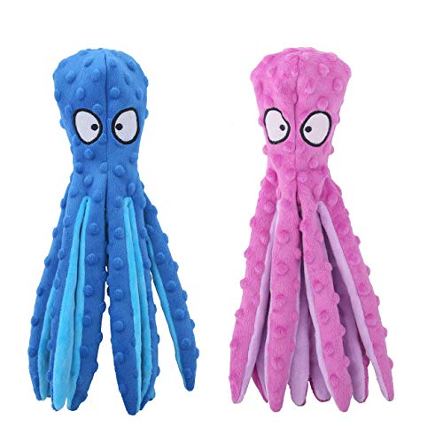 CPYOSN Dog Squeaky Toys Octopus - No Stuffing Crinkle Plush Dog Toys for Puppy Teething, Durable Interactive Chew Toys for Small, Medium and Large Dogs Training and Reduce Boredom, 2 Pack - color: Blue+Purple