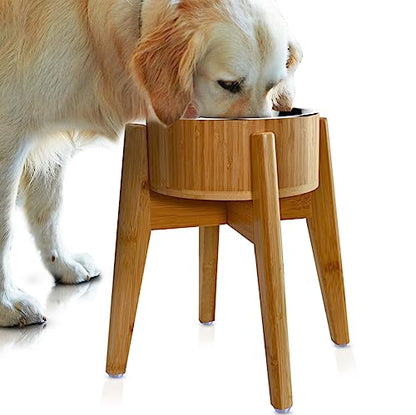 Elevated Dog Bowls for Large Breed - (15-Inch High) Raised Food/Water Bowl with Stand - Bamboo-Steel, Dry/Wet Food Suitable - color: Bamboo-N15, size: Height: 15" Bowl: 9.5"