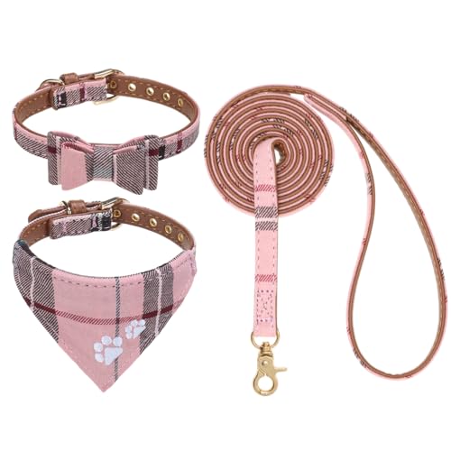 EXPAWLORER Dog Collar and Leash Set - Embroidery Pawprints Plaid Dog Collar and Dog Leash Set, Bow Tie and Bandana Dog Collar, Adorable Collar and Leash for Dogs Cats Outdoor Walking, Pink M - color: Pink, size: Medium