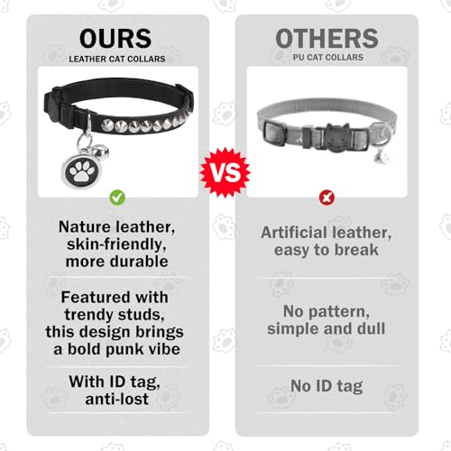 Leather Personalized Breakaway Cat Collar with Studded Bell and Safety Quick Release Buckle - Rivets Studded ID DIY Collars for Boy Girl Cats Kittens, Black XS - color: Black, size: 7"-9"