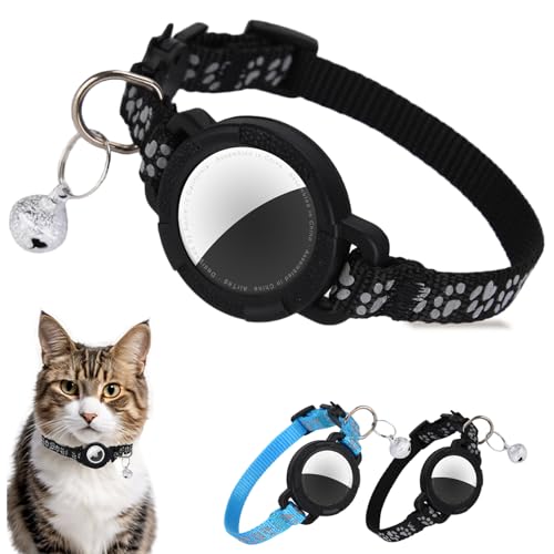 Reflective Cat Collar Compatible with Apple Air Tag, with Removable Bell & Breakaway Safety Buckle, Adjustable Kitten Collar with Paw Print Design, S Size, Black - color: Black, size: S(9-13in)