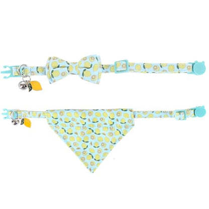 Cat Collar Breakaway with Cute Bow Tie Bandana and Bell Fruits Accessories for Kitty Adjustable Safety - color: lemon