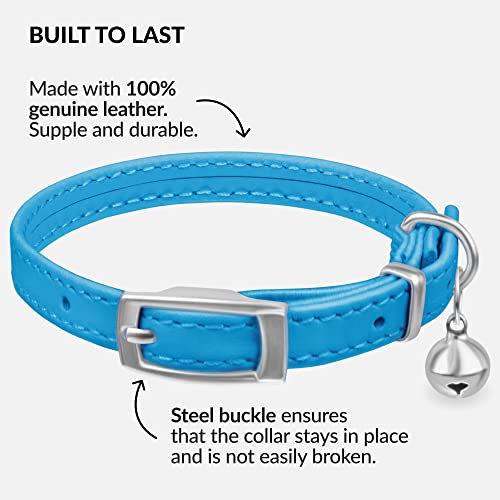CollarDirect Leather Cat Collar with Removable Bell – Safety Elastic Strap (Breakaway Alternative) – Kitten Collar for Small & Big Boy & Girl Cats - color: Light Blue, size: 8-11 Inch