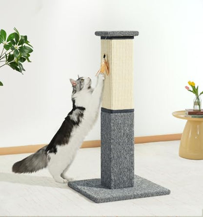 Made4Pets Cat Scratching Post, 32 Inch Natural Sisal & Carpet Covered Cat Scratcher with Kitten Toy, Dual-Material Tall Scratching Post for Indoor Cats Adults and Kittens, Beige - color: Grey-Sisal & Carpet
