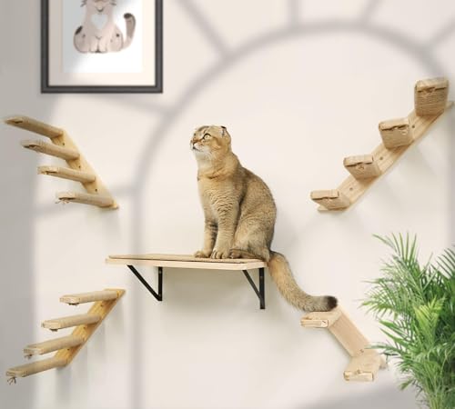 2PCS Cat Wall Shelves with Scratching Mat, 16.6x9.7 Inch Solid Pine Wood Wall Mounted Kitten Floating Shelf, Window Perch Hammock, Cats Wall Furniture for Cats Sleeping, Playing, Climbing - color: Wood Shelf, size: Double Shelf (2 Pieces)