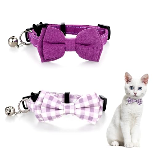 2 Pcs Kitten Collar with Bell Cute Cat Collar for Girl Cats Breakaway Bowtie Cat Collars Adjustable Small Puppy Safety Collar Solid Color Plaid Pet Collar (Purple) - color: purple