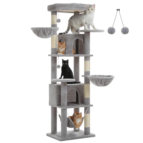 71.2 Inches Tall Cat Tree for Large Cats, Multi-Level Cat Tower with 2 Cozy Condos, Super Large Top Perch, 3 Hammocks, Sisal Scratching Posts and 2 Pompoms, Grey - color: Grey, size: 71.2 Inches
