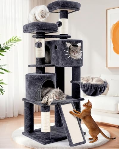 66in Multi-Level Large Cat Tree Tower for Indoor Cat/Kitties, Mordern Cat Tower with Sisal Scratching Posts, Condos and Hammock, Perches, Ramp for Climbing Heavy Duty (Grey) - color: Grey