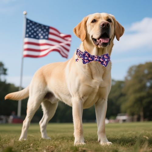ADOGGYGO American Flag Dog Collar with Bow, Detachable Red Blue Star Pet Bowtie, Metal Buckle, Adjustable Patriotic 4th of July Collars for Large Dogs Boy Girl (Large) - color: American Flag, size: Large