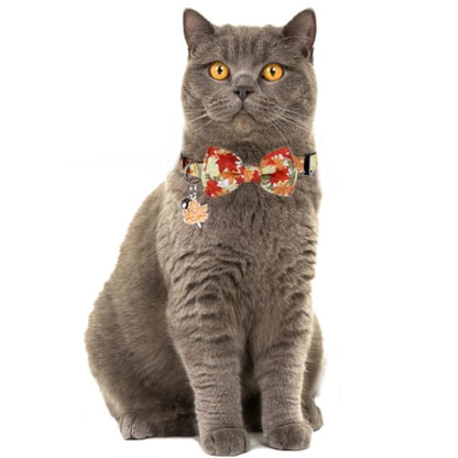 Thanksgiving Day Cat Collar Fall Breakaway with Bow Tie and Bell Autumn Holiday for Kitty Adjustable Safety - color: Maple leaf-bow