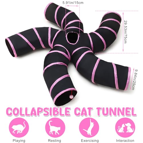 Poen 21 Pcs Cat Tunnel for Indoor Set Collapsible 5 Way Tubes with 20 Pcs Cat Kitten Toys Interactive Feather Toy Mouse Crinkle Balls Tube for Puppy Kitten Rabbit(Pink Black) - color: Pink Black