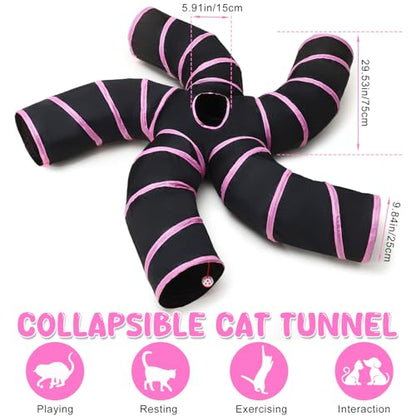 Poen 21 Pcs Cat Tunnel for Indoor Set Collapsible 5 Way Tubes with 20 Pcs Cat Kitten Toys Interactive Feather Toy Mouse Crinkle Balls Tube for Puppy Kitten Rabbit(Pink Black) - color: Pink Black
