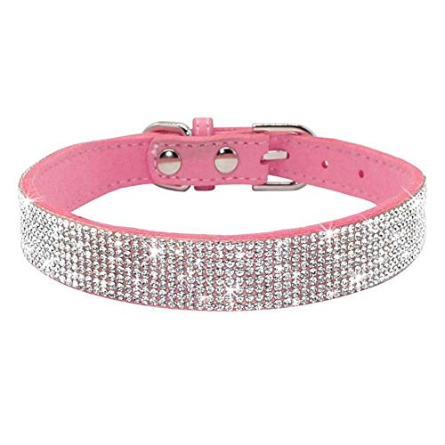 Rhinestone Dog Collar, Cute Dazzling Sparkling Soft Suede Leather Adjustable Pet Dog Cat Collar Crystal Diamond for Puppy Small Medium Large Dogs (M:33-39 cm, Pink) - color: Pink, size: M:33 - 39 cm