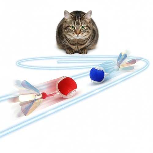 Interactive Cat Toys Ball for Cats - Upgrade Automatic Cat Toys for Indoor Cats, 3 Modes 2 Speed Moving Cat Ball with Dragonfly Feathers 2PCS (Red Blue) - color: RedBlue-1