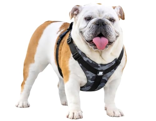 No-Pull Harness for English & French Bulldogs - Adjustable Wide-Chest Fit, Reflective Vest with Control Handle (Brave Black Camo, Large) - color: Brave Black Camo, size: Large