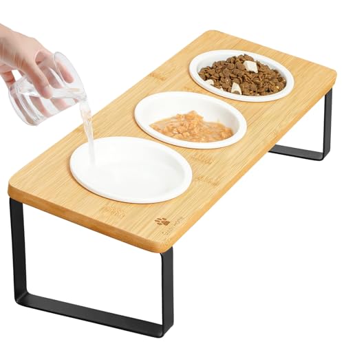 Raised Cat Food Water Bowl Elevated Tilted Kitty Dishes Set of 3 Ceramic Dish for Indoor Cats Orthopedic Pet Food Stand Reduces Vomiting 3 Bowl Cat Feeder Easy Assembly(Wood Color) - color: Wood Color