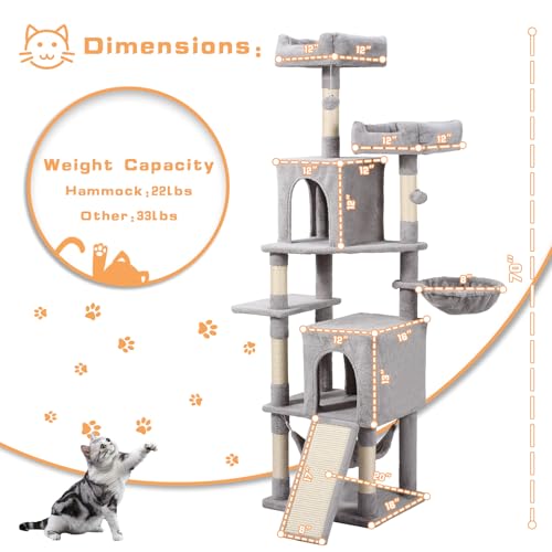 Letkind Cat Tree, 70-Inch Cat Tree Tower with Hammock, Scratching Post, Condo and Multi-Level Cat Tower, Large Cat Activity Center Playhouse, Light Gray LCT015 - color: Light Grey
