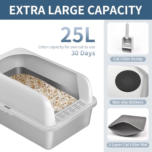 Prodigen Stainless Steel Cat Litter Box with Lid High Wall Sides Enclosure, Non-Sticky, Anti-Leakage, Easy Cleaning, with Cat Mat & Metal Scoop, 19.6" L x 14" W x 12" H