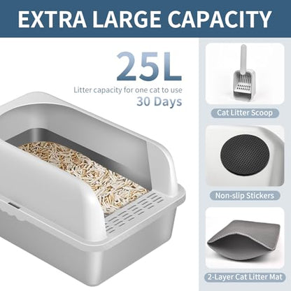 Prodigen Stainless Steel Cat Litter Box with Lid High Wall Sides Enclosure, Non-Sticky, Anti-Leakage, Easy Cleaning, with Cat Mat & Metal Scoop, 19.6" L x 14" W x 12" H