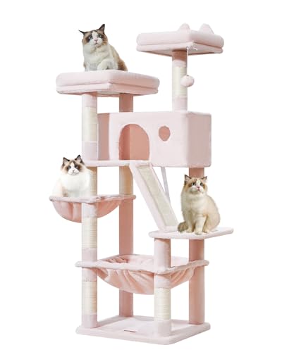 Taoqimiao Cat Tree 57.5-Inch, Cat Tower for Indoor Cats Large Adult, Extra Large Cat Condo, 8 Sisal Scratching Posts, Metal Frame Cozy Hammock, Durable Scratch Board, 2 Top Perches, Jelly Pink MS026P - color: Jelly Pink, size: 57.5 Inches
