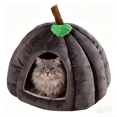 Cat Bed for Indoor Cats - Adorable Cozy Pumpkin Cat Cave with Removable Cushion, Super Soft Pet House Tent for Kittens & Small Pets, Warm & Washable Non-Slip Design(S 15 inch Grey) - style: Pumpkin-Grey