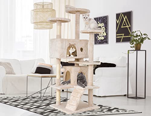 Go Pet Club 54'' Tall Multi-Level Cat Tree with 3 Scratching Posts, 3 Platforms, 2 Condos, Toys, Corner Design for Large Cats - color: Beige