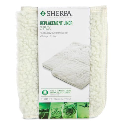 Sherpa Replacement Liners for Travel Pet Carriers - Soft Absorbent Cat & Dog Kennel Pad with Waterproof Backing, Machine Washable Crate Pads, 16.5x11.25in - 2 Pack, White, Medium - size: 2 Count (Pack of 1)