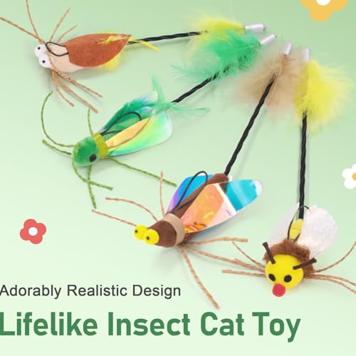 Cat Bug Toy Wand - Cat Teaser Wand Toy with 4 Pcs Cute Insect Feather cat Toy Replacements, Interactive Cat Toys Bug for Indoor Cats Kittens - color: Bugs