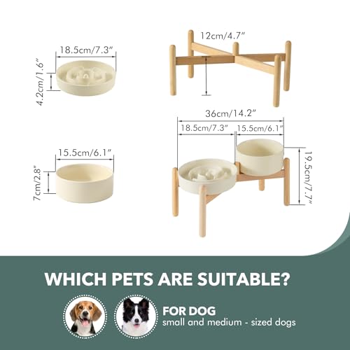 Havniva 7.3” Raised Slow Feeder Dog Bowls Set, 1.2 Cups Ceramic Slow Feeder Dog Bowl and 6.1” Dog Water Bowl with Elevated Wooden Stand Puzzle Dog Food Bowl for Small Dogs Anti-Gulping & Anti-Choking - color: 2 x Light Yellow+Stand-A, size: 7.3inch