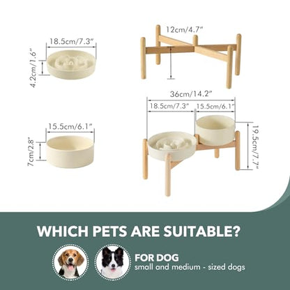 Havniva 7.3” Raised Slow Feeder Dog Bowls Set, 1.2 Cups Ceramic Slow Feeder Dog Bowl and 6.1” Dog Water Bowl with Elevated Wooden Stand Puzzle Dog Food Bowl for Small Dogs Anti-Gulping & Anti-Choking - color: 2 x Light Yellow+Stand-A, size: 7.3inch