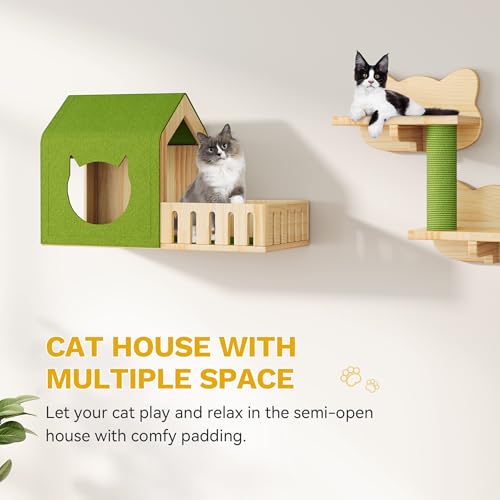 YITAHOME Cat Wall Shelves with Scratching Post, Cat Tower with Solid Wood Wall Shelves, Multi-Level Cat Climbing Furniture with Hideout & Runway - size: 21 pieces