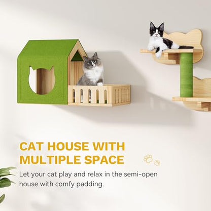 YITAHOME Cat Wall Shelves with Scratching Post, Cat Tower with Solid Wood Wall Shelves, Multi-Level Cat Climbing Furniture with Hideout & Runway - size: 21 pieces
