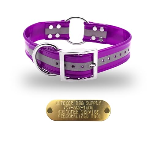 Outdoor Dog Supply 1.5" Wide 21" Long Reflective Purple Waterproof Dog Collar with Center Ring & Custom Brass Name Plate – Durable, Odor-Resistant for Large & XL Breeds - color: Reflective Purple, size: 21" Long
