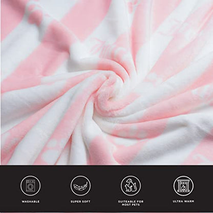 Juicy Couture Turquoise Pink/White Striped Dog & Cat Blanket with Sherpa Bone Shaped Pillow - Plush, Breathable, Lightweight, Machine Washable - color: Pink/White Juicy Stripes Hearts and Paws