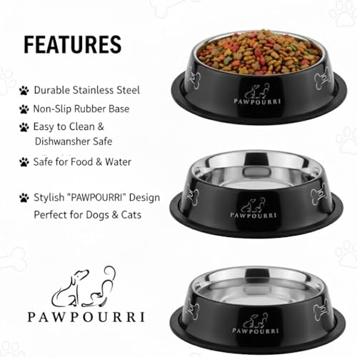 Stainless Steel Dog Bowl Pack of 2, Food & Water Bowl for Dogs, Durable Dog Feeding Bowl, Bowls for Small Dogs, Easy to Clean, Anti-Skid Pet Bowl - 16 oz (Black) - color: Black