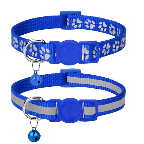 Taglory Reflective Cat Collar Breakaway with Bell, High Visibility Night Strip, Lightweight Adjustable Nylon Collar for Boy Girl Cats, 2 Pack, 7.5-12.5 Inch, Navy Blue - color: NavyBlue, size: 7.5-12.5"