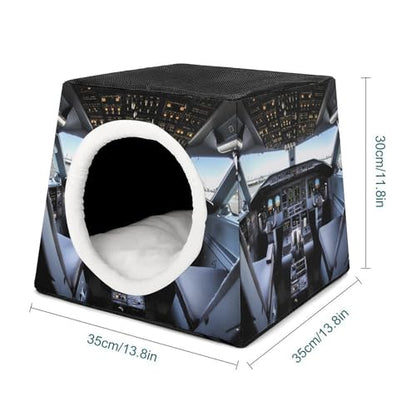 Airplane Cockpit Cat Bed for Indoor Cats - Foldable Cat & Dog House with Removable Cozy Cushion, Waterproof Oxford Washable Pet House for Small Pets 13.8" X 13.8" X 11.8"