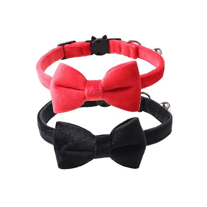 Love Dream Cat Collar Breakaway with Bow Tie and Bells - 2 Pack Velvet Girl Boy Kitty Safety Kitten Collars with Removable Bowtie for Cats Kittens, Black & Red - color: Black & Red