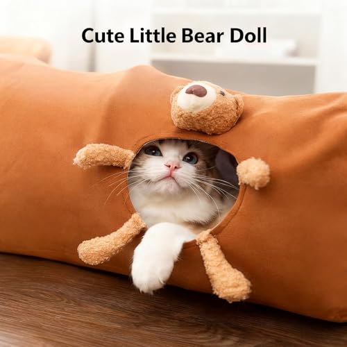 Cat Tunnel for Indoor Cat Tube Collapsible Cat Tunnel Bed with Hanging Ball,Play Tunnel for Kitten,Kitty,Puppy,Rabbit,Funny Interactive Cat Toy Gift for Cat Lover(Bear,47.2″x10″x10″) - size: L(47.2 x 10 x 10 Inch)