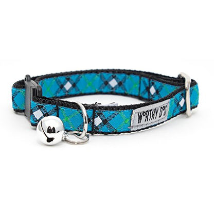 THE WORTHY DOG Patterned Bias Plaid Cat Collar with Bell, Adjustable Nylon Safety Collar, Blue, One Size - color: Blue-Bias Plaid