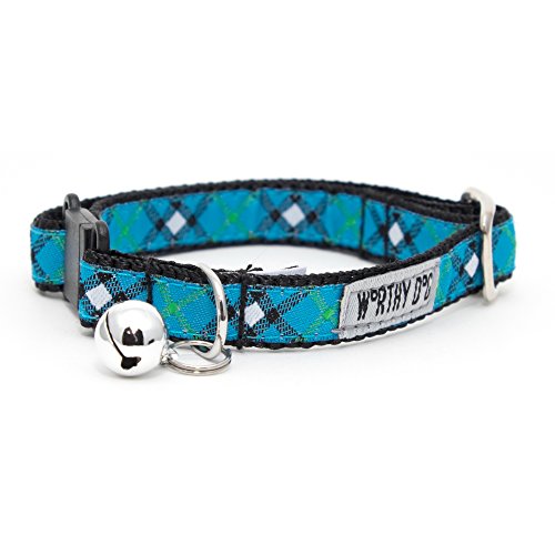 THE WORTHY DOG Patterned Bias Plaid Cat Collar with Bell, Adjustable Nylon Safety Collar, Blue, One Size - color: Blue-Bias Plaid