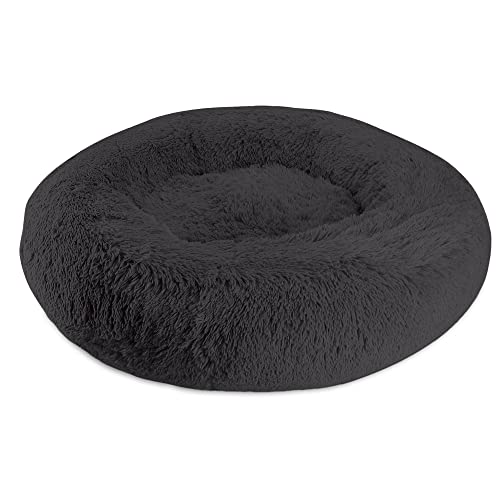 Arlee Donut Round Pet Dog Bed - Memory Foam - Calming Reduce Anxiety - Shaggy Vegan Fur - Assembled USA, Black - color: Black, size: Large