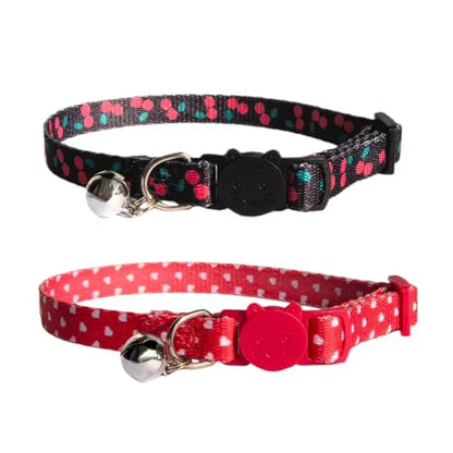 Pack of 2 Cat Collars Breakaway with Bell Safety Buckle, Dots & Cherries Style, Adjustable Cute Comfy Kitten Collars for Girl Boy Kitty Puppy Small Pets, 8-11" - color: Dots&Cherries, Pack of 2