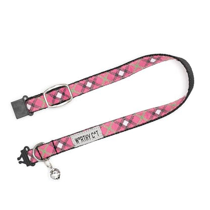 THE WORTHY DOG Patterned Bias Plaid Cat Collar with Bell, Adjustable Nylon Safety Collar, Hot Pink, One Size - color: Hot Pink-Bias Plaid