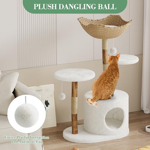 Modern Cat Tree, Solid Wood Cat Tree Tower with Hand-Woven Basket Cat Condo, Natural Jute Scratching Posts Modern Cat Tower with Plush Perches & Dangling Balls, Cat Trees for Kittens & Adult Cats - size: Two Branch