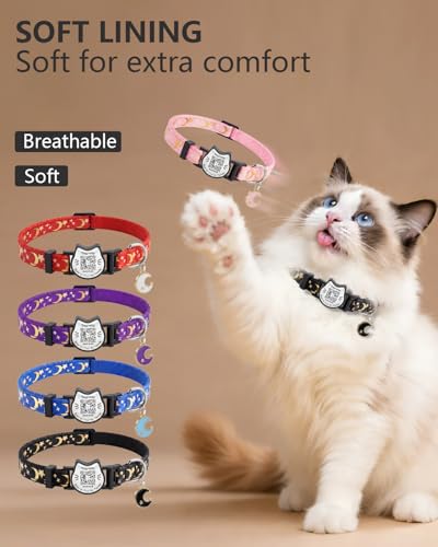 Smart QR Code Cat Collar with Online ID Profile - Breakaway Safety Collar with Bell, Glow in The Dark & Cute Moons Stars Pendant, Adjustable Kitten Collar for Girl Cats 7.0-12.5 Inch(Black) - color: Black, size: Collar Only